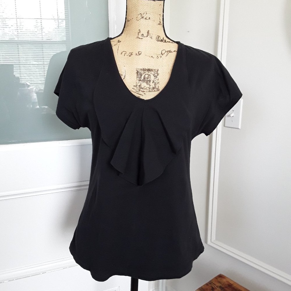 Lilla P Black Pima Cotton V Neck Ruffle Tee Shirt Size S